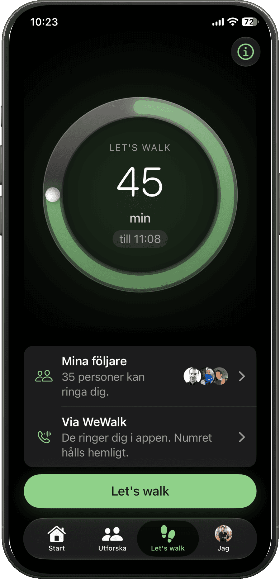Let's walk-skärmen i WeWalk-appen, med publiken och uppringningsvalet